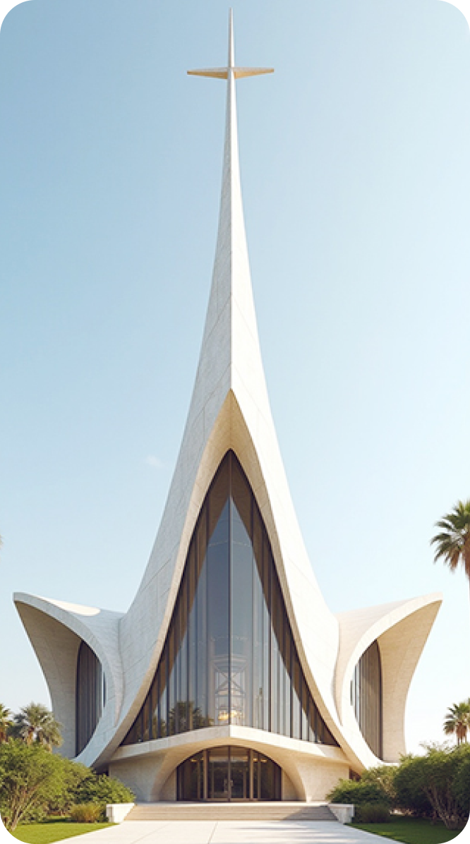 The exterior of a futuristic church building
